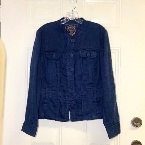 Coldwater Creek Linen Celebrate Your Spirit Size 12 Blue Button Front Jacket - Picture 14 of 16
